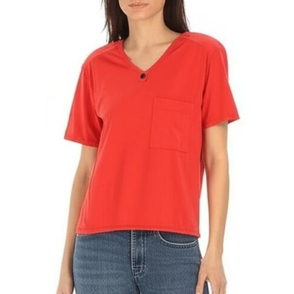 Lauren Brooke‎ Shirt M Red Scoop Neck Shoulder Pads Front Pocket Casual Everyday